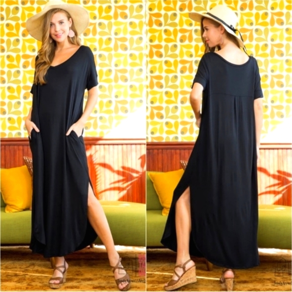 Women's Black Soft Viscose Oversized Pocket T-shirt Maxi Dress Boho - Picture 3 of 4